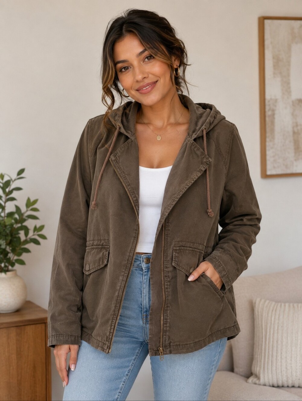 Old Navy Olive Green Hooded Utility Anorak Jacket With Pockets